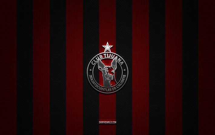 club tijuana logo, club di calcio messicano, liga mx, background di carbonio rosso rosso, emblema del club tijuana, calcio, club tijuana, messico, club tijuana argento metal logo