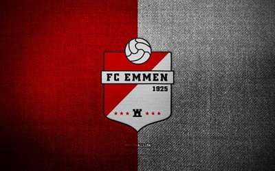 badge emmen fc, 4k, sfondo del tessuto bianco rosso, eredivisie, logo emmen fc, emmen emblema dell fc, logo sportivo, club di calcio francese, emmen fc, calcio