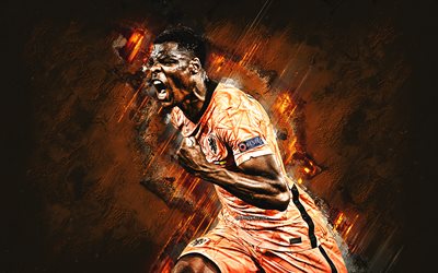 Denzel Dumfries, Netherlands national football team, portrait, orange stone background, Dutch football player, Netherlands, football