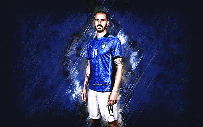 leonardo bonucci, italien national football team, porträt, italienischer fußballspieler, blue stone hintergrund, fußball, italien