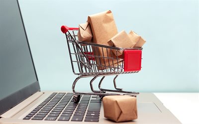 4k, online shopping, buying gifts, shopping cart, gift basket, buying gifts online, basket on laptop, online shopping concepts