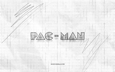 pac-man sketch logo, 4k, fond de papier à carreaux, logo noir pac-man, marques de jeux, croquis de logo, logo pac-man, dessin au crayon, pac-man