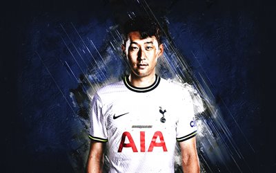 Son Heung-min, portrait, Tottenham Hotspur, South Korean football player, blue stone background, football, Premier League, England