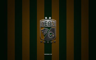 club leon logo, mexican football club, liga mx, green yellow carbon background, club leon emblem, football, club leon, mexique, club leon silver metal logo