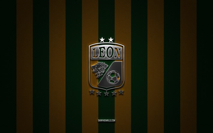 شعار نادي ليون, نادي كرة القدم المكسيكي, ليغا mx, خلفية الكربون الصفراء الخضراء, نادي ليون شعار, كرة القدم, نادي ليون, المكسيك, شعار نادي ليون الفضي المعدني