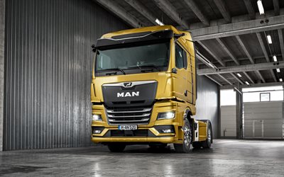 MAN TGX 18-520 4x2 BLS, 4k, hangar, 2022 trucks, LKW, Yellow MAN TGX, cargo transport, 2022 MAN TGX, german trucks, MAN TGX