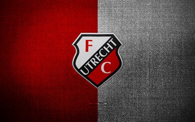 FC Utrecht badge, 4k, red white fabric background, Eredivisie, FC Utrecht logo, FC Utrecht emblem, sports logo, dutch football club, FC Utrecht, soccer, football, Utrecht FC