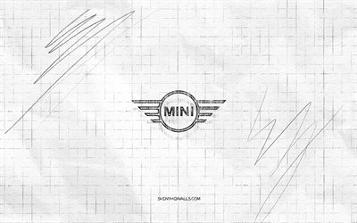 mini sketch logo, 4k, fond de papier à carreaux, mini logo noir, marques de voitures, croquis de logo, mini logo, dessin au crayon, mini