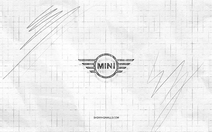 Mini sketch logo, 4K, checkered paper background, Mini black logo, cars brands, logo sketches, Mini logo, pencil drawing, Mini