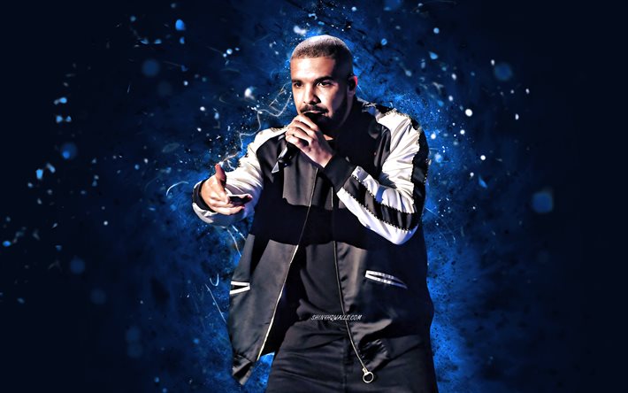 Drake, 4K, blue neon lights, canadian rappers, music stars, Aubrey Drake Graham, picture with Drake, canadian celebrity, Drake 4K