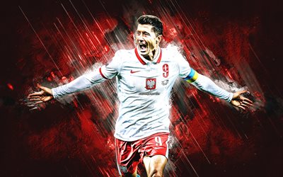 robert lewandowski, squadra di calcio nazionale polacca, ritratto, capitano, stella del calcio mondiale, polonia, calcio, sfondo di pietra rossa