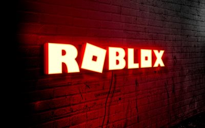 roblox neon -logo, 4k, red brickwall, grunge -kunst, kreative, spiele, logo auf wire, roblox red logo, roblox -logo, kunstwerk, roblox