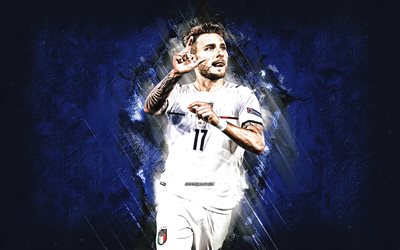 Ciro Immobile, Italy national football team, Italian footballer, portrait, blue stone background, football, Italy