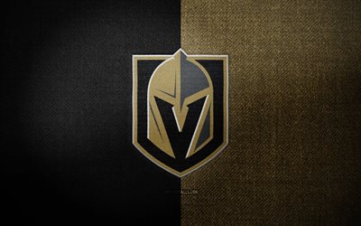 Vegas Golden Knights badge, 4k, black brown fabric background, NHL, Vegas Golden Knights logo, Vegas Golden Knights emblem, hockey, sports logo, Vegas Golden Knights flag, american hockey team, Vegas Golden Knights