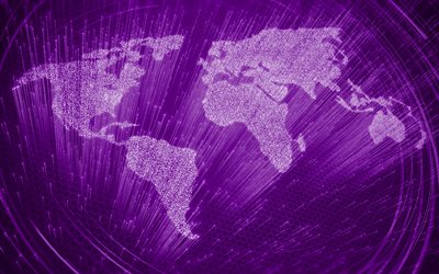 紫の世界地図, 4k, パープルネオンワールドマップシルエット, デジタルの世界, コミュニケーションの概念, 世界地図の概念, 紫色のネオンライト, 紫色のライトライン, 世界地図