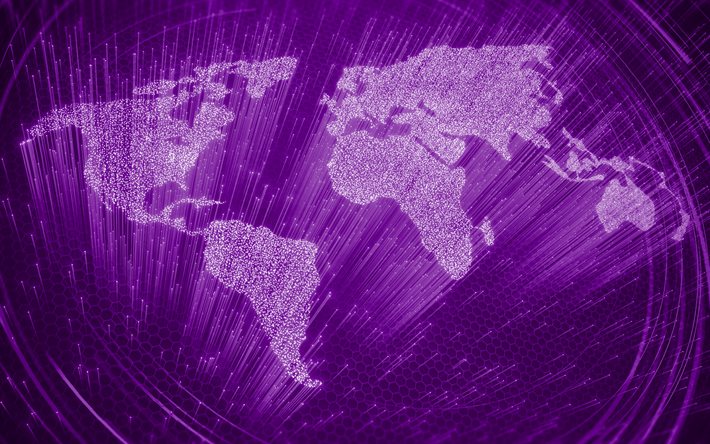 mappa del mondo viola, 4k, silhouette di mappa del mondo neon viola, mondo digitale, concetti di comunicazione, concetti di mappa del mondo, luce neon viola, linee di luce viola, mappa del mondo