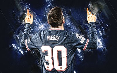 Lionel Messi, PSG, world football star, Paris Saint-Germain, Ligue 1, France, football, blue stone background, Leo Messi
