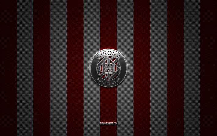 logotipo del girona fc, club de fútbol español, la liga, fondo de carbono blanco rojo, emblema del girona fc, fútbol, girona fc, españa, logotipo de metal plateado del girona fc