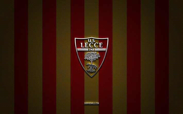 us-lecce-logo, italienischer fußballverein, serie a, rot-gelber karbonhintergrund, us-lecce-emblem, fußball, us-lecce, italien, us-lecce-silbermetalllogo, lecce