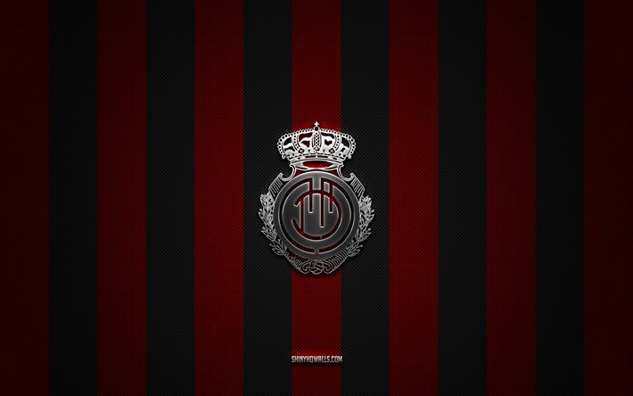 rcd mallorca-logo, spanischer fußballverein, la liga, roter schwarzer karbonhintergrund, rcd mallorca-emblem, fußball, rcd mallorca, spanien, rcd mallorca-silbermetalllogo, mallorca fc