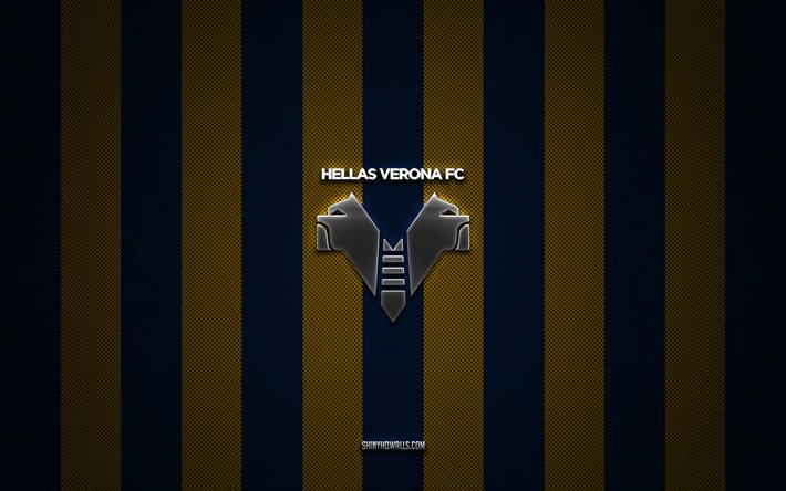 logotipo de hellas verona fc, club de fútbol italiano, serie a, fondo de carbono amarillo azul, emblema de hellas verona fc, fútbol, hellas verona fc, italia, logotipo de metal plateado de hellas verona
