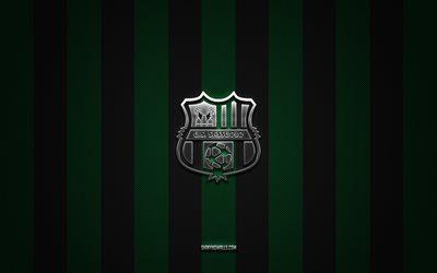 US Sassuolo Calcio logo, Italian football club, Serie A, green black carbon background, US Sassuolo Calcio emblem, football, US Sassuolo Calcio, Italy, Sassuolo Calcio silver metal logo, Sassuolo