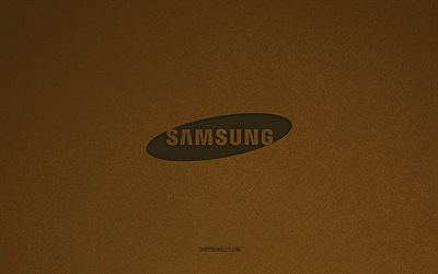 삼성 로고, 4k, 컴퓨터 로고, 삼성 엠블럼, 갈색 돌 질감, 삼성, 기술 브랜드, 삼성 사인, 갈색 돌 배경