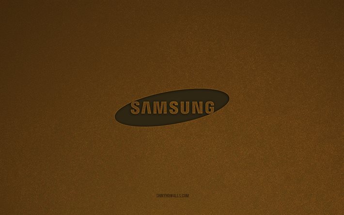logotipo de samsung, 4k, logotipos de computadora, emblema de samsung, textura de piedra marrón, samsung, marcas de tecnología, signo de samsung, fondo de piedra marrón