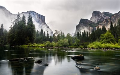 4k, parque nacional de yosemite, nevoeiro, rio, montanhas, califórnia, rochas, américa, eua, bela natureza, marcos americanos