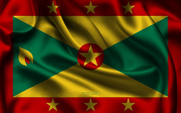 Grenada flag, 4K, North American countries, satin flags, flag of Grenada, Day of Grenada, wavy satin flags, Grenadian flag, Grenadian national symbols, North America, Grenada
