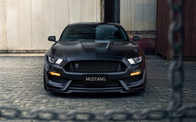 Ford Mustang GT350, 4k, headlights, 2021 cars, supercars, Black Ford Mustang, front view, 2021 Ford Mustang, american cars, Ford