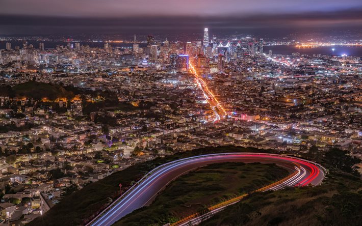 سان فرانسيسكو, أفق مناظر المدينة, مشاهد ليلية, المدن الأمريكية, الولايات المتحدة الأمريكية, أمريكا, سان فرانسيسكو في الليل