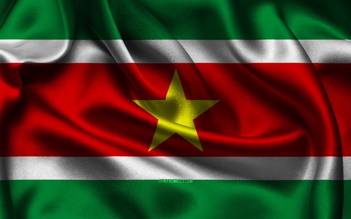 Suriname flag, 4K, South American countries, satin flags, flag of Suriname, Day of Suriname, wavy satin flags, Surinamese flag, Surinamese national symbols, South America, Suriname