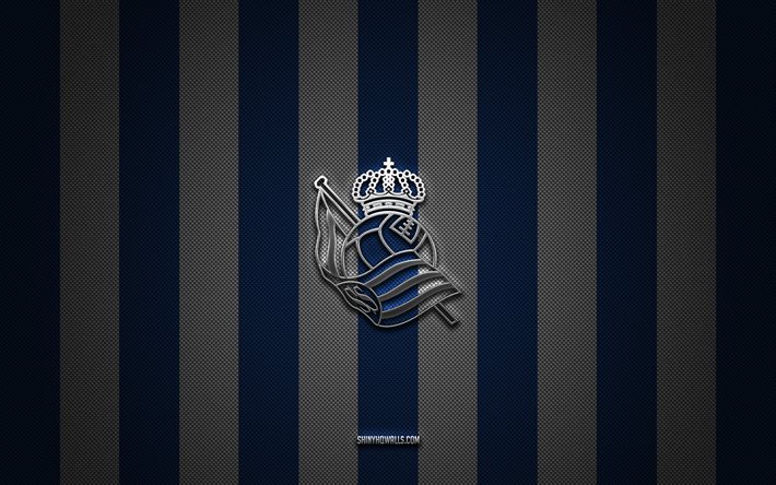 Real Sociedad logo, Spanish football club, La Liga, blue white carbon background, Real Sociedad emblem, football, Real Sociedad, Spain, Real Sociedad silver metal logo, Real Sociedad FC