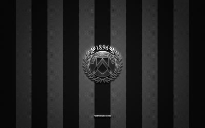 udinese calcio-logo, italienischer fußballverein, serie a, schwarz-weißer kohlenstoffhintergrund, udinese calcio-emblem, fußball, udinese calcio, italien, udinese calcio-silbermetalllogo