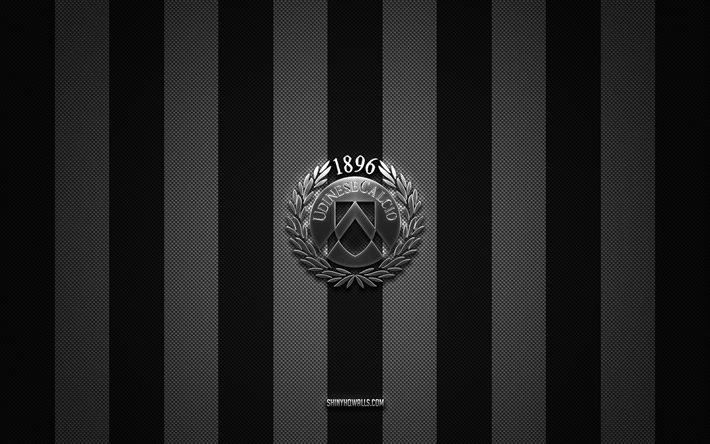 logotipo del udinese calcio, club de fútbol italiano, serie a, fondo de carbono blanco y negro, emblema del udinese calcio, fútbol, udinese calcio, italia, logotipo de metal plateado del udinese calcio