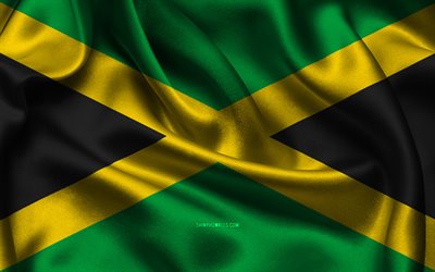 jamaika bayrağı, 4k, kuzey amerika ülkeleri, saten bayraklar, jamaika günü, dalgalı saten bayraklar, jamaika ulusal sembolleri, kuzey amerika, jamaika