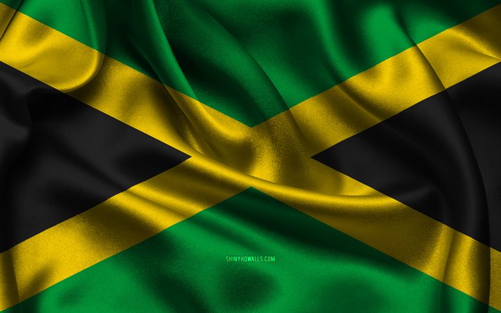 drapeau de la jamaïque, 4k, les pays d amérique du nord, les drapeaux de satin, le drapeau de la jamaïque, le jour de la jamaïque, les drapeaux ondulés de satin, le drapeau jamaïcain, les symboles nationaux jamaïcains, l amérique du nord, la jamaïque