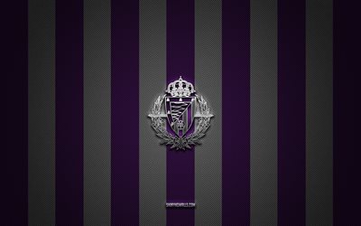 real valladolid-logo, spanischer fußballverein, la liga, violett-weißer karbonhintergrund, real valladolid-emblem, fußball, real valladolid, spanien, real valladolid-logo aus silbermetall, real valladolid fc