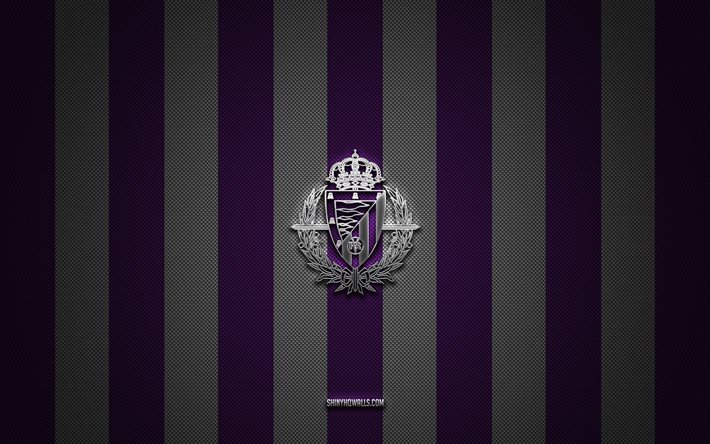 real valladolid-logo, spanischer fußballverein, la liga, violett-weißer karbonhintergrund, real valladolid-emblem, fußball, real valladolid, spanien, real valladolid-logo aus silbermetall, real valladolid fc