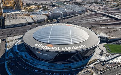 Allegiant Stadium, 4k, aerial view, Las Vegas Raiders stadium, NFL, Las Vegas Stadium, UNLV Rebels, american football, National Football League, Paradise, Nevada, USA