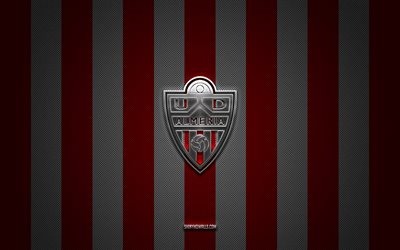 logo ud almeria, club de football espagnol, la liga, fond de carbone blanc rouge, emblème ud almeria, football, ud almeria, espagne, logo en métal argenté ud almeria, almeria fc
