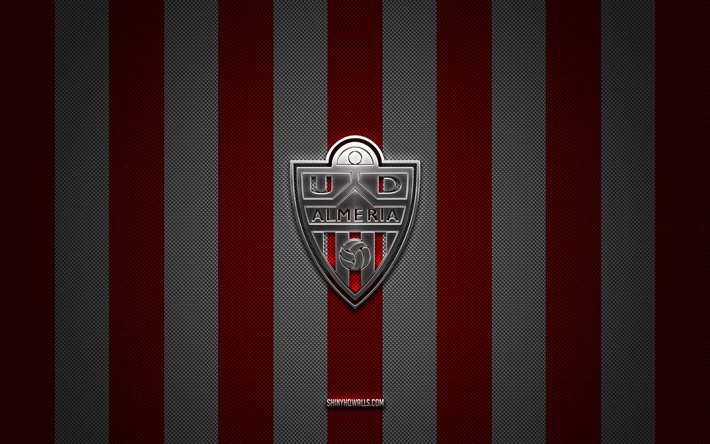 UD Almeria logo, Spanish football club, La Liga, red white carbon background, UD Almeria emblem, football, UD Almeria, Spain, UD Almeria silver metal logo, Almeria FC