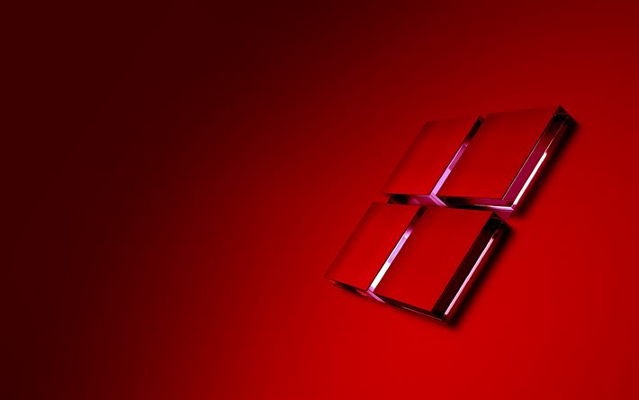 شعار windows, 4k, شعار زجاج النوافذ الأحمر, خلفية حمراء, شعار windows ثلاثي الأبعاد, نظام التشغيل, شبابيك, فن الزجاج