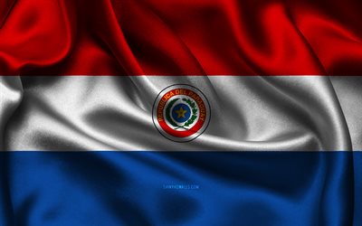 drapeau du paraguay, 4k, pays d amérique du sud, drapeaux de satin, jour du paraguay, drapeaux de satin ondulés, drapeau paraguayen, symboles nationaux paraguayens, amérique du sud, paraguay