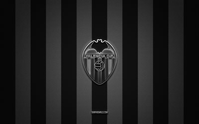 valencia cf-logo, spanischer fußballverein, la liga, schwarz-weißer kohlenstoffhintergrund, valencia cf-emblem, fußball, valencia cf, spanien, valencia cf-silbermetalllogo, valencia fc