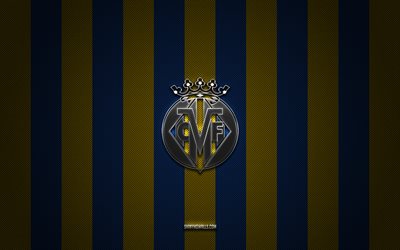 شعار villarreal cf, نادي كرة القدم الاسباني, الدوري الاسباني, خلفية الكربون الأصفر الأزرق, كرة القدم, فياريال cf, إسبانيا, شعار villarreal cf المعدني الفضي, فياريال