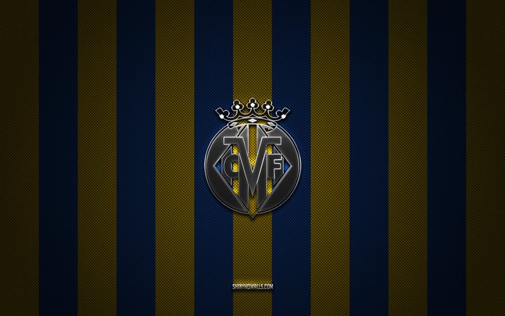 Villarreal CF logo, Spanish football club, La Liga, blue yellow carbon background, Villarreal CF emblem, football, Villarreal CF, Spain, Villarreal CF silver metal logo, Villarreal FC