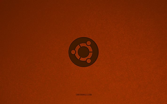 ubuntu のロゴ, 4k, オペレーティング システムのロゴ, ubuntuのエンブレム, オレンジ色の石のテクスチャ, ubuntu, テクノロジーブランド, ubuntu サイン, 茶色の石の背景, linux