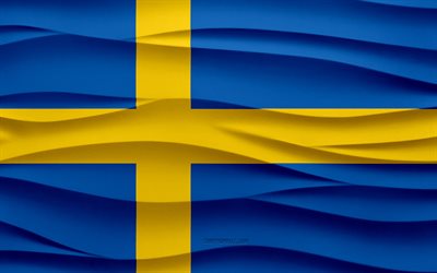 4k, 스웨덴의 국기, 3d 파도 석고 배경, 스웨덴 국기, 3d 파도 텍스처, 스웨덴 국가 상징, 스웨덴의 날, 유럽 국가, 3차원, 스웨덴, 기, 유럽